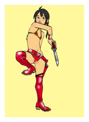 Rule 34 | 1girl, armband, armor, belt, belt buckle, bikini, bikini armor, black hair, boots, buckle, dagger, earrings, extremaratio69, female focus, flat chest, full body, gluteal fold, hair tie, highres, holding, holding weapon, holster, jewelry, knife, medium hair, original, red bikini, red footwear, revealing clothes, scabbard, sheath, sidelocks, simple background, solo, standing, swimsuit, teeth, thigh boots, thighs, weapon, yellow background