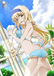 Rule 34 | 1girl, absurdres, artist request, ass, barefoot, beach, bikini, blonde hair, blue bikini, blue eyes, blue hairband, blue sky, breasts, cecilia alcott, cloud, cowboy shot, day, dutch angle, frilled bikini, frills, hairband, highres, infinite stratos, large breasts, lens flare, long hair, looking at viewer, official art, outdoors, plant, railing, shower (place), showering, sky, solo, standing, standing on one leg, swimsuit, third-party source, untied bikini, very long hair