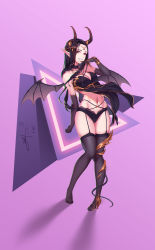Rule 34 | 1girl, absurdres, babydoll, black hair, breasts, check commentary, chinese commentary, choker, chromatic aberration, cleavage, commentary request, demon girl, demon horns, demon wings, earrings, elbow gloves, finger to own chin, forehead jewel, full body, garter straps, gloves, grin, head chain, highres, horns, jewelry, leaning back, long hair, manyu cishen, medium breasts, navel, original, panties, pointy ears, purple background, purple eyes, sidelocks, signature, smile, solo, standing, tail, tail around own leg, thighhighs, underwear, wings