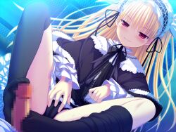 Rule 34 | 1girl, black dress, black panties, black ribbon, black thighhighs, blonde hair, censored, clitoral stimulation, closed mouth, clothed masturbation, collar, dress, female masturbation, footjob, frilled collar, frills, game cg, hair between eyes, hair ornament, headdress, himemiya hiori, koku, lace, lace-trimmed dress, lace trim, lolita fashion, long hair, long sleeves, loose thighhigh, masturbation, mosaic censoring, non-web source, panties, red eyes, ribbon, sitting, smile, socks, solo, spread legs, stained panties, stellula eques, straight hair, sweatdrop, thighhighs, twintails, underwear, wet, wet clothes, wet panties