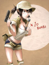 Rule 34 | 1girl, belt, between breasts, blush, breasts, brown eyes, brown hair, cleavage, clothes pull, crop top, english text, explosive, fanny pack, fio germi, frown, glasses, grenade, gun, handgun, hat, jacket, knee pads, lotus west, messy hair, metal slug, midriff, open clothes, open jacket, ponytail, shirt pull, short shorts, shorts, snk, solo, standing, weapon