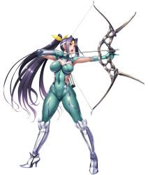 Rule 34 | 1girl, armor, arrow (projectile), bodysuit, boots, bow (weapon), breast press, breasts, curvy, female focus, full body, green eyes, highres, holding, holding weapon, large breasts, lilith-soft, long hair, navel, official art, open mouth, ponytail, shiny clothes, simple background, solo, standing, taimanin (series), taimanin asagi, taimanin rpgx, thighhighs, thighs, very long hair, weapon, white background, wide hips, yubashiri hayate, zol