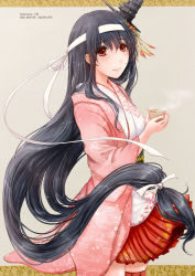 Rule 34 | 10s, 1girl, 2015, artist name, black hair, blush, breasts, cherry blossoms, cup, floral print, flower, fusou (kancolle), fusou kai ni (kancolle), green tea, hair flower, hair ornament, hair ribbon, highres, holding, holding cup, japanese clothes, kantai collection, kimono, light brown background, long hair, looking at viewer, low-tied long hair, low ponytail, miniskirt, nontraditional miko, obi, official art, pagoda, pink kimono, red eyes, red skirt, ribbon, rikka (rikka331), sash, simple background, skirt, smile, smoke, solo, tea, teacup, text focus, very long hair, white ribbon