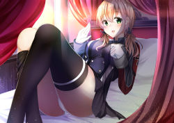 Rule 34 | 1girl, :d, absurdres, bed, black skirt, black thighhighs, blonde hair, gloves, green eyes, hair between eyes, highres, hiragi ringo, kantai collection, long hair, long sleeves, looking at viewer, low twintails, military, military uniform, no headwear, no headwear, open mouth, panties, pillow, pleated skirt, prinz eugen (kancolle), skirt, smile, solo, thighhighs, thighs, twintails, underwear, uniform, white gloves, white panties, window
