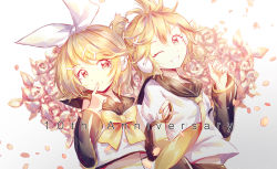 Rule 34 | 1boy, 1girl, blonde hair, bow, bowtie, brother and sister, detached sleeves, finger to mouth, hair bow, hair ornament, hairclip, kagamine len, kagamine rin, lengchan (fu626878068), necktie, one eye closed, sailor collar, short hair, siblings, smile, treble clef, twins, upper body, vocaloid, white bow, yellow neckwear