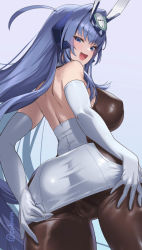 Rule 34 | 1girl, ass, azur lane, bare shoulders, blue background, blue eyes, blue hair, blush, breasts, commentary request, cuboon, dress, elbow gloves, from behind, gloves, large breasts, long hair, looking at viewer, looking back, new jersey (azur lane), open mouth, simple background, smile, solo, thighs, twitter username, white dress, white gloves