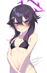 Rule 34 | 1girl, asagi yuna, bare arms, bare shoulders, bikini, black bikini, blue archive, blush, breasts, hair between eyes, halo, haruka (blue archive), highres, looking at viewer, medium hair, parted lips, purple eyes, purple hair, purple halo, signature, simple background, small breasts, solo, swimsuit, upper body, white background