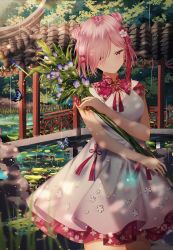 Rule 34 | 1girl, absurdres, alternate costume, animal, bouquet, bow, breasts, bridge, bug, butterfly, closed mouth, commentary, day, double bun, dress, fate/grand order, fate (series), flower, hair bow, hair bun, hair flower, hair ornament, hair over one eye, half-closed eyes, highres, holding, holding bouquet, insect, junpaku karen, lily pad, mash kyrielight, mash kyrielight (fgo shanghai expo), medium breasts, outdoors, pink hair, pleated dress, pond, purple eyes, purple flower, rain, red bow, short sleeves, smile, solo, symbol-only commentary, water, white dress, white flower
