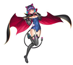 Rule 34 | 1girl, alternate costume, animal ears, aoi nagisa (metalder), ass, blue one-piece swimsuit, bob cut, breasts, cape, cat ears, clothes lift, covered navel, curvy, embarrassed, fake animal ears, fake tail, full body, garter straps, gloves, gradient hair, halloween costume, high heels, highres, jumping, lilith-soft, looking at viewer, multicolored clothes, multicolored hair, nipples, official alternate costume, one-piece swimsuit, open mouth, orange eyes, purple hair, school swimsuit, shiny clothes, shiny skin, short hair, small breasts, solo, swimsuit, swimsuit lift, tail, taimanin (series), taimanin rpgx, thick thighs, thighs, tongue, tongue out, tsuzuruki mikoto, two-tone hair, undressing, wide hips