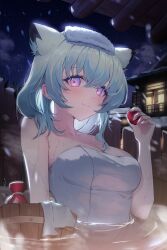 Rule 34 | 1girl, absurdres, animal ears, blue archive, blush, breasts, bucket, cherrypunchs, cleavage, green hair, highres, looking at viewer, medium breasts, night, night sky, no halo, onsen, partially submerged, purple eyes, shigure (blue archive), shigure (hot spring) (blue archive), sky, smile, snowing, solo, star (sky), tokkuri, weasel ears, wooden bucket, wooden wall