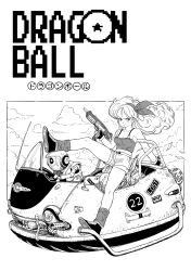 Rule 34 | 1girl, 1other, bare shoulders, bow, bow hairband, capsule corp, closed mouth, cloud, commentary, copyright name, decal, dragon ball, dragon ball (classic), english commentary, floating hair, flying car, full body, greyscale, gun, hair bow, hairband, highres, holding, holding gun, holding weapon, long hair, looking at viewer, lunch (bad) (dragon ball), lunch (dragon ball), midriff, monochrome, outdoors, robot, shoes, short shorts, shorts, sky, smile, socks, solo focus, sticker, submachine gun, sweatdrop, tank top, trigger discipline, vehicle focus, weapon, y naf
