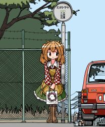 Rule 34 | 1girl, apron, bag, bell, boots, brown eyes, brown footwear, car, chain-link fence, checkered clothes, checkered kimono, cityscape, commentary, commentary request, english commentary, fence, frilled skirt, frills, full body, green skirt, hair bell, hair ornament, highres, holding, holding bag, honda, honda civic, japanese clothes, kasuya baian, kimono, looking to the side, medium hair, medium skirt, mixed-language commentary, motoori kosuzu, motor vehicle, orange hair, outdoors, power lines, red kimono, shopping bag, simple background, skirt, solo, standing, touhou, translation request, transmission tower, tree, white background, white bag, white kimono, yellow apron