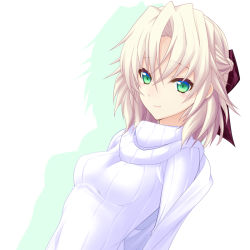 Rule 34 | 1girl, 5pb., aizawa kotarou, blonde hair, bow, braid, dutch angle, french braid, green eyes, hair bow, kagamigawa noelle, long hair, looking at viewer, memories off, memories off innocent fille, ribbed sweater, smile, sweater, turtleneck, turtleneck sweater, upper body, white sweater