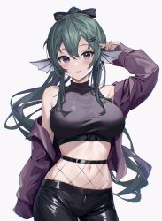 Rule 34 | 1girl, alternate breast size, black pants, blush, bow, breasts, commentary, cowboy shot, cropped shirt, finana ryugu, finana ryugu (3rd costume), fins, fish girl, fishnets, green hair, hair between eyes, hair bow, head fins, head wings, highres, jacket, large breasts, long hair, looking at viewer, midriff, navel, nijisanji, nijisanji en, off shoulder, official alternate costume, pants, parted lips, ponytail, purple eyes, purple shirt, shirt, simple background, smile, solo, soybean (hisoybean), symbol-only commentary, very long hair, virtual youtuber, white background, wings