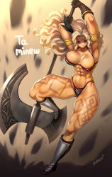 Rule 34 | 1girl, abs, absurdres, amazon (dragon&#039;s crown), armlet, armor, arms up, axe, bikini armor, black gloves, blonde hair, blue eyes, boots, breasts, dragon&#039;s crown, full body, gloves, highres, holding, holding axe, large breasts, long hair, looking at viewer, looking back, muscular, muscular female, nestkeeper, solo, tattoo, thick thighs, thighs, tiara, two-handed axe