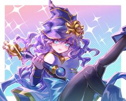 Rule 34 | 1girl, black thighhighs, blue bow, blue eyes, blush, bow, breasts, duel monster, eye of horus, gradient background, hat, highres, holding, holding wand, long hair, long sleeves, medium breasts, monitor (udoshiyo), nightmare apprentice, open mouth, purple hair, solo, thighhighs, wand, wavy hair, wizard hat, yu-gi-oh!