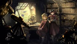 Rule 34 | 2girls, arm support, armillary sphere, bird, blonde hair, blurry, book, bookshelf, brown hair, capelet, chair, collared dress, dark, depth of field, desk, dr.latency&#039;s freak report, dress, hands on lap, hat, highres, holding, indoors, kaatoso, kneehighs, leaning, leaning to the side, long hair, looking at another, looking at viewer, maribel hearn, mob cap, multiple girls, open mouth, paper, red eyes, scenery, sitting, smile, socks, standing, sunlight, telescope, top hat, touhou, usami renko, window, yellow eyes