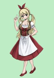 Rule 34 | 1girl, blonde hair, breasts, brown eyes, dress, fairy tail, female focus, full body, green background, hair between eyes, hairband, hand on own hip, large breasts, looking at viewer, lucy heartfilia, mashima hiro, parted lips, shoes, short sleeves, simple background, smile, solo, standing, teeth, twintails, v