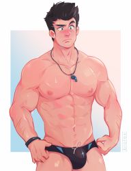 Rule 34 | 1boy, abs, artist request, bara, bare pectorals, black hair, black male swimwear, black swim briefs, blush, brotexbrotex, bulge, character request, closed mouth, coach, copyright request, cowboy shot, drawstring, hand under clothes, highres, male focus, male swimwear, mature male, muscular, muscular male, pectorals, simple background, solo, standing, swim briefs, swimsuit