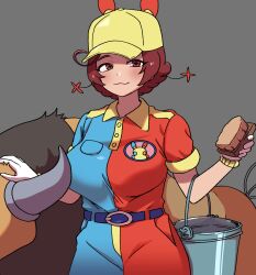 Rule 34 | + +, 1girl, absurdres, belt, bracelet, breasts, brown eyes, brown hair, bucket, character print, closed mouth, creatures (company), game freak, gen 1 pokemon, gigobyte350, gloves, grey background, hat, highres, holding, jewelry, jumpsuit, multa (pokemon), multicolored jumpsuit, nintendo, petting, pokemon, pokemon (anime), pokemon (creature), pokemon journeys, short hair, short sleeves, smile, tauros, white gloves, yellow hat