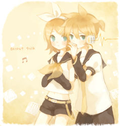 Rule 34 | 1boy, 1girl, bad id, bad pixiv id, blonde hair, brother and sister, green eyes, hair ribbon, hand to own mouth, headphones, kagamine len, kagamine rin, midriff, mikanniro, musical note, ribbon, siblings, twins, vocaloid, whispering
