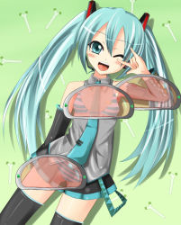 Rule 34 | 1girl, aqua eyes, aqua hair, bad id, bad pixiv id, bra, detached sleeves, hatsune miku, headset, lingerie, long hair, looking at viewer, m/, necktie, one eye closed, open mouth, panties, perimaru, see-through, skirt, smile, solo, striped clothes, striped panties, thighhighs, twintails, underwear, very long hair, vocaloid, wink