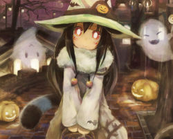 Rule 34 | 1girl, :&gt;, :d, ^ ^, animal ears, basket, black hair, candle, closed eyes, fangs, food-themed hair ornament, ghost, hair ornament, halloween, hat, holding, jack-o&#039;-lantern, lamppost, long hair, looking at viewer, open mouth, original, paprika shikiso, pavement, pumpkin, pumpkin hair ornament, red eyes, scarf, sketch, smile, solo, tail, witch hat