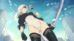 Rule 34 | 1girl, black dress, black footwear, black gloves, black hairband, black thighhighs, blindfold, blue sky, boots, breasts, brown thighhighs, building, cameltoe, clenched hand, closed mouth, cloud, cloudy sky, covered eyes, covered navel, cowboy shot, cropped shirt, day, dress, drone, feather-trimmed sleeves, feather trim, floating, foreshortening, from below, gloves, gluteal fold, groin, hair over eyes, hairband, highleg, highleg leotard, holding, holding sword, holding weapon, juliet sleeves, katana, legs apart, leotard, long sleeves, machinery, nier (series), nier:automata, no pants, outdoors, petals, pod (nier:automata), puffy sleeves, robot, shirt, short hair, silver hair, skin tight, sky, solo, standing, sword, thighhighs, thighhighs under boots, tsuki suigetsu, turtleneck, weapon, white leotard, 2b (nier:automata)