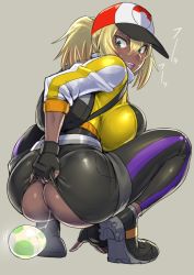 Rule 34 | 10s, 1girl, :d, anal hair, anus, arm support, ass, backpack, bad id, bad pixiv id, bag, baseball cap, black gloves, blonde hair, blush, breasts, creatures (company), cropped jacket, dark-skinned female, dark skin, egg, egg laying, female protagonist (pokemon go), female pubic hair, fingerless gloves, full body, game freak, gloves, grey background, hair between eyes, hat, heavy breathing, large breasts, looking back, mikoyan, nintendo, open mouth, pants, pokemon, pokemon go, ponytail, pubic hair, shoes, smile, solo, squatting, sweat, sweatdrop, teeth, tight clothes, tight pants