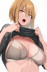 Rule 34 | 1girl, blonde hair, bra, breasts, cleavage, clothes lift, doko tetora, grey bra, grey sweater, hair between eyes, highres, large breasts, open mouth, original, ribbed sweater, short hair, sweat, sweater, sweater lift, underwear, white background, yellow eyes