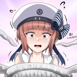 Rule 34 | 1girl, artist name, blunt bangs, brown eyes, clothes writing, dated, hat, kantai collection, open mouth, red hair, sailor bikini, sailor collar, sailor hat, short hair, signature, solo, sweatdrop, tears, tentacles, tk8d32, wavy mouth, white hat, white sailor collar, z3 max schultz (kancolle)