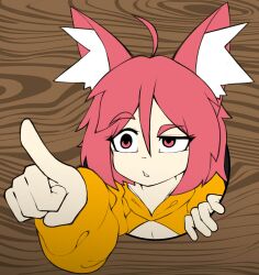 Rule 34 | 1girl, ahoge, animal ear fluff, animal ears, arm up, bob cut, brown background, cat ears, cat girl, female focus, fir3born, flat color, hair between eyes, half-closed eye, highres, long sleeves, madagascar (series), matching hair/eyes, meme, original, outstretched arm, parted lips, pointing, raised eyebrow, red eyes, red hair, short hair, shrug (clothing), sidelocks, solo, thonk (fir3born), through wall, uneven eyes, you higher mammal (meme)