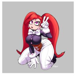 Rule 34 | 1girl, boku no hero academia, bow, bowtie, breasts, duplicate, earrings, flauschdraws, full body, gloves, heart, heart earrings, highres, jewelry, la brava, large breasts, open mouth, pants, pink eyes, red hair, resized, solo, third-party edit, twintails, v