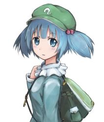 Rule 34 | 1girl, backpack, bag, blue eyes, blue hair, female focus, hair bobbles, hair ornament, hat, kawashiro nitori, key, kumomiya, matching hair/eyes, simple background, solo, touhou, twintails, two side up, upper body, white background
