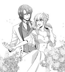 Rule 34 | 1boy, 1girl, athrun zala, blush, breasts, cagalli yula athha, cleavage, collarbone, collared shirt, couple, dancing, detached sleeves, dress, floral background, flower, formal, frilled sleeves, frills, greyscale, gundam, gundam seed, gundam seed destiny, hair between eyes, hair flower, hair ornament, hetero, holding hands, jacket, long dress, looking at another, medium breasts, monochrome, necktie, open mouth, pants, parted bangs, ponytail, shirt, short hair, smile, tuxedo, upper body, waistcoat, white background, white jacket, white pants, white shirt, yumoto o