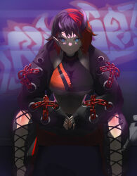 Rule 34 | 1girl, absurdres, black hair, black jacket, black pants, black sports bra, blue eyes, breasts, chain, closed mouth, cropped jacket, cross-laced pants, dabohaze (user uwus3754), demon girl, demon horns, expressionless, feet out of frame, graffiti, highres, horns, jacket, large breasts, leaning forward, long sleeves, looking at viewer, midriff, multicolored hair, nanashi inc., open clothes, open jacket, pants, pointy ears, red hair, red pants, ryugasaki rene, ryugasaki rene (1st costume), short hair, sitting, sleeves past wrists, solo, sports bra, two-tone hair, two-tone pants, underboob, virtual youtuber