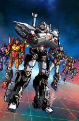 Rule 34 | 1girl, 5boys, alex milne, autobot, chromedome, crossed arms, cyclonus, decepticon, hand on own hip, hands on own hips, insignia, male focus, mecha, megatron, multiple boys, nautica (transformers), retro artstyle, robot, rodimus, science fiction, signature, sword, tailgate (transformers), the transformers (idw), transformers, weapon