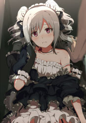 Rule 34 | 10s, 1girl, blush, bow, dress, drill hair, frilled dress, frills, gloves, gothic lolita, grey hair, hairband, idolmaster, idolmaster cinderella girls, jewelry, kanzaki ranko, lolita fashion, looking at viewer, necklace, off shoulder, ogipote, red eyes, ribbon, strap slip, tears, twin drills, twintails