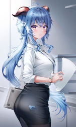 Rule 34 | 1girl, :t, ahoge, alternate costume, ass, black pantyhose, black skirt, blue hair, breasts, closed mouth, collared shirt, from side, ganyu (genshin impact), genshin impact, goat horns, gradient eyes, highres, holding, holding paper, horns, id card, lanyard, long hair, looking at viewer, looking to the side, medium breasts, multicolored eyes, office lady, pantyhose, paper, pencil skirt, photocopier, pout, printer, purple eyes, raised eyebrows, shirt, sidelocks, skirt, solo, sticky note, taut clothes, very long hair, watch, wavy hair, white shirt, wol (wol 927), wristwatch, yellow eyes