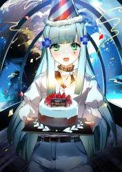 Rule 34 | 1girl, :d, absurdres, aqua hair, aquarium tunnel, blunt bangs, blush, cake, candle, casual, clip studio paint (medium), commission, food, girls&#039; frontline, green eyes, hair ornament, happy birthday, hat, highres, hk416 (girls&#039; frontline), huge filesize, long hair, looking at viewer, moko (moko/moko), open mouth, party hat, sidelocks, smile, solo, strawberry shortcake