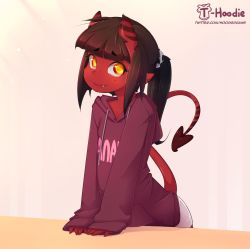 Rule 34 | 1girl, artist name, blunt bangs, borrowed character, brown hair, clothes writing, colored skin, commentary, demon girl, demon tail, fang, flat chest, highres, hood, hood down, hoodie, horns, looking at viewer, meruccubus (merunyaa), mole, mole under eye, original, patreon username, pointy ears, ponytail, red eyes, red hoodie, red horns, red skin, skin-covered horns, sleeves past wrists, smile, solo, t-hoodie, tail, yellow eyes