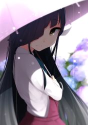 Rule 34 | 10s, 1girl, blue bow, blue bowtie, blurry, bow, bowtie, closed mouth, depth of field, eyebrows, flower, from side, hair over one eye, hayashimo (kancolle), highres, hydrangea, kantai collection, long hair, long sleeves, looking at viewer, looking to the side, one eye covered, pink umbrella, rain, red skirt, red vest, shirt, skirt, smile, solo, suginoji, umbrella, very long hair, vest, water, white shirt, yellow eyes