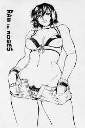 Rule 34 | 1girl, breasts, cleavage, covered erect nipples, female pubic hair, gloves, greyscale, hinomoto reiko, large breasts, minyanyako, mole, mole on breast, monochrome, pubic hair, rumble roses, short hair, shorts, solo