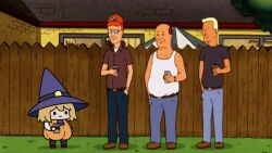 1girl 3boys baseball_cap beer_can bill_dauterive black_shirt blonde_hair blue_pants brown_footwear brown_hair brown_shirt can chibi commentary crossover dale_gribble drink_can english_commentary fence full_body grass hand_in_pocket hat highres holding holding_can hololive hololive_english jeff_boomhauer king_of_the_hill looking_at_another multiple_boys outdoors pants phdpigeon picket_fence pumpkin_costume shirt short_sleeves smile smol_ame standing tank_top virtual_youtuber watson_amelia white_tank_top witch_hat wooden_fence