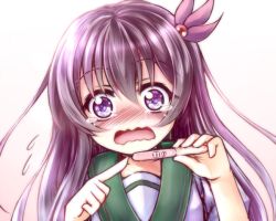 Rule 34 | 10s, 1girl, blush, flying sweatdrops, gradient background, hair ornament, kantai collection, kisaragi (kancolle), long hair, looking at viewer, maou mikage, open mouth, pregnancy test, pregnant, purple eyes, purple hair, school uniform, serafuku, solo, tears, upper body, wavy mouth