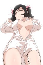 Rule 34 | 1girl, absurdres, black hair, body writing, breasts, breasts apart, grey eyes, hair ornament, hair scrunchie, half-closed eyes, highres, large breasts, ling xiaoyu, lying, navel, no bra, olyuolyu, on back, one eye closed, open clothes, open shirt, panties, pantyshot, scrunchie, short twintails, solo, swept bangs, tekken, translation request, twintails, underwear, waking up, white panties
