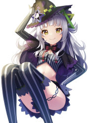 Rule 34 | 1girl, black capelet, black gloves, black hat, black shirt, black thighhighs, blouse, bow, bowtie, breasts, capelet, closed mouth, crop top, feet out of frame, gloves, grey hair, hair bun, hair ornament, hat, highres, hololive, long hair, long sleeves, looking at viewer, midriff, miniskirt, murasaki shion, murasaki shion (1st costume), navel, red bow, red bowtie, shirt, simple background, single hair bun, skirt, small breasts, smile, solo, striped clothes, striped shirt, striped thighhighs, thigh strap, thighhighs, v-shaped eyebrows, vertical-striped clothes, vertical-striped shirt, vertical-striped thighhighs, virtual youtuber, white background, win opz, witch hat, yellow eyes