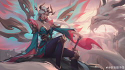 Rule 34 | 1girl, absurdres, artist name, black pantyhose, breasts, building, cleavage, closed eyes, closed mouth, cloud, dragon, earrings, eastern dragon, fog, hair ornament, highres, holding, holding sword, holding weapon, immortal journey kayle, jewelry, kayle (league of legends), large breasts, league of legends, long hair, multicolored wings, multiple wings, official alternate costume, official alternate hairstyle, outdoors, pantyhose, pigubu, sitting, sky, smile, solo, sword, tassel, tassel earrings, weapon, white hair, wide sleeves, wings