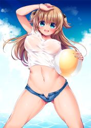 Rule 34 | 1girl, :d, arm up, ball, beachball, blue eyes, blush, bracelet, breasts, brown hair, covered erect nipples, eyes visible through hair, gluteal fold, groin, head tilt, holding, jewelry, legs apart, medium breasts, navel, open mouth, original, outdoors, revision, ruri rarako, shirt, short shorts, shorts, smile, solo, standing, sunlight, sweat, two side up, wet, wet clothes, wet shirt, white shirt