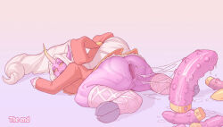 Rule 34 | 1girl, after anal, anal fluid, anus, bow, breasts, cleavage, colored sclera, colored skin, demimond23, dildo, frilled jacket, frills, furry, furry female, gradient background, grey hair, hair bow, highres, hooves, horns, huge bow, huge dildo, jacket, kneehighs, kneeling, large breasts, league of legends, legs apart, long hair, looking at viewer, lying, on stomach, open mouth, pink skin, pussy, red bow, red jacket, sex toy, single horn, socks, soraka (league of legends), teeth, very long hair, yellow sclera